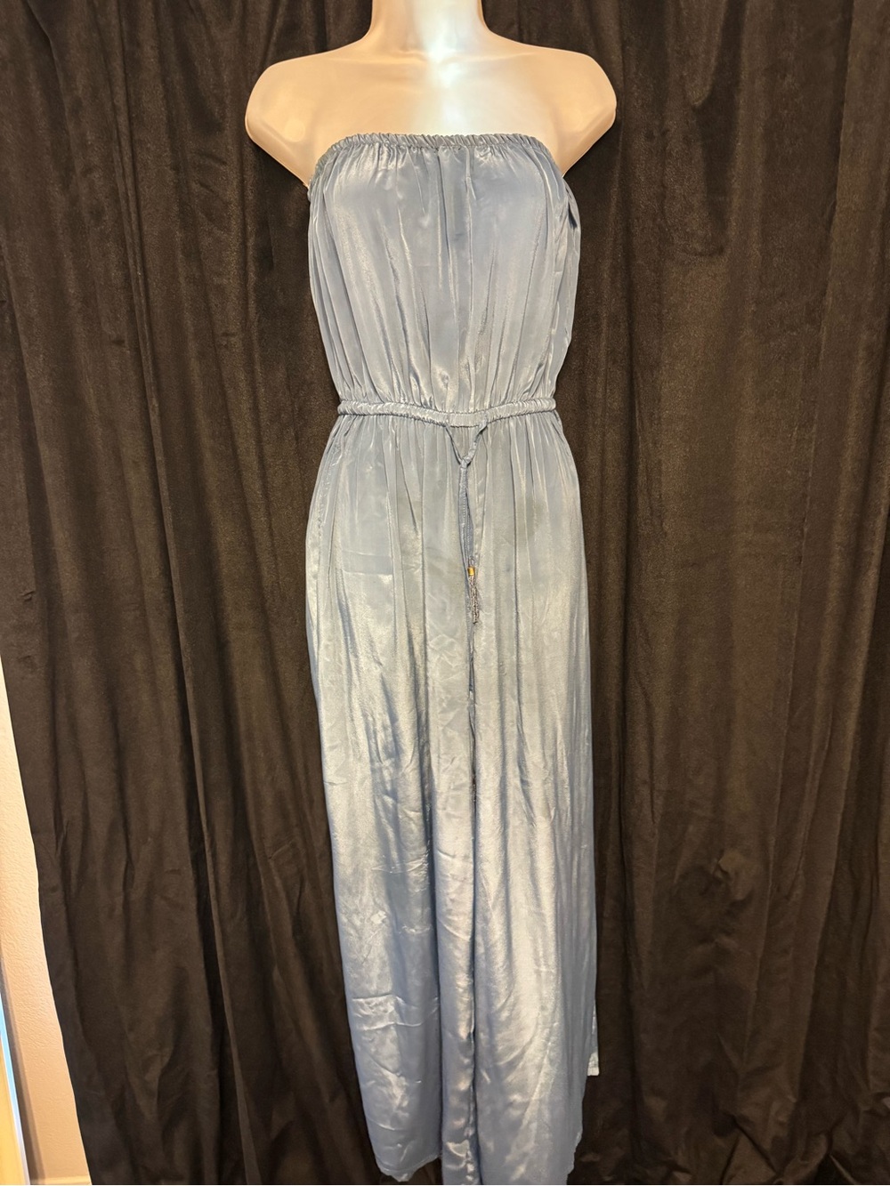 Strapless Light Blue Satin Jumpsuit with Waist Tie